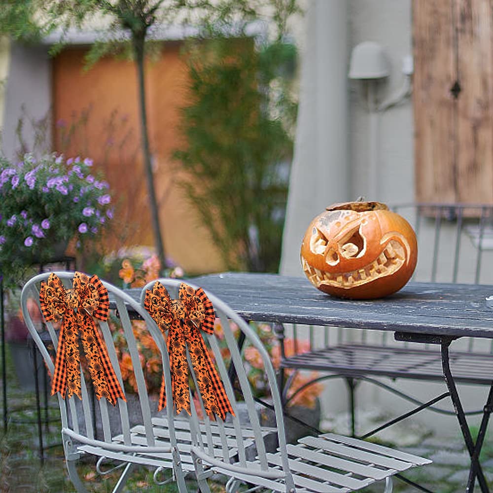 Buffalo Plaid Halloween Bow - Large Black & Orange Spider Web Bat Tree Topper - Gift Bows for Party & Home Decoration